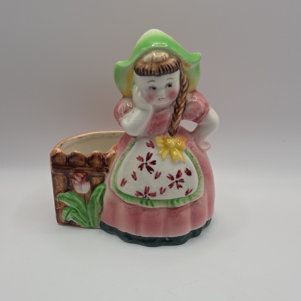 Vintage Ceramic Dutch Girl Planter - Pink and Green. Hand Painted Japan